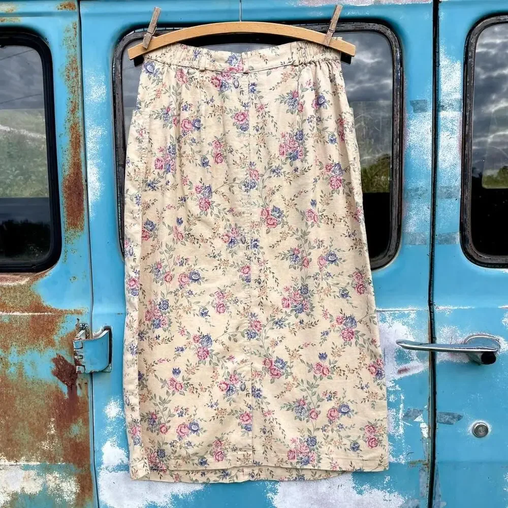 90s Coldwater Creek linen cottage rose floral skirt